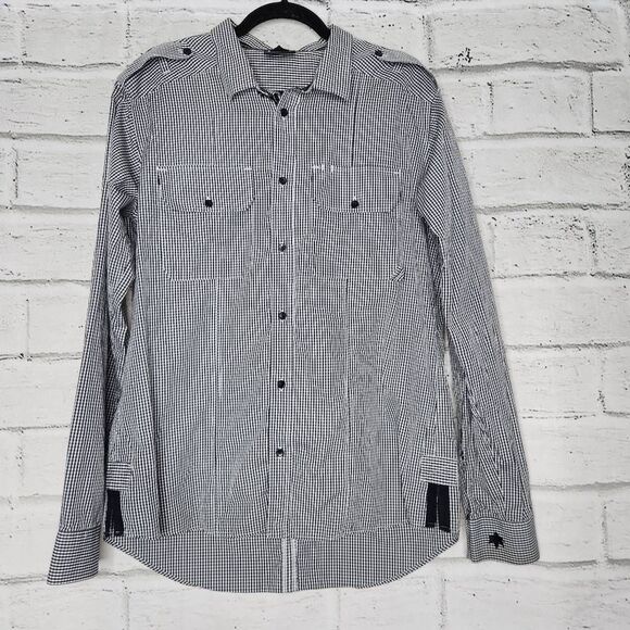 EDUN Mens Black White Gingham Collared Cotton Long Sleeve Button Up Shirt XL - Picture 1 of 12